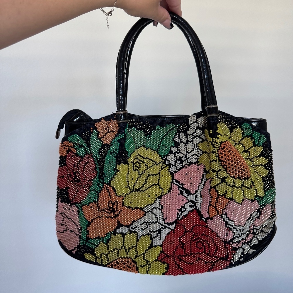 Gorgeous Vintage Floral Beaded Tote Hand Bag HTF
